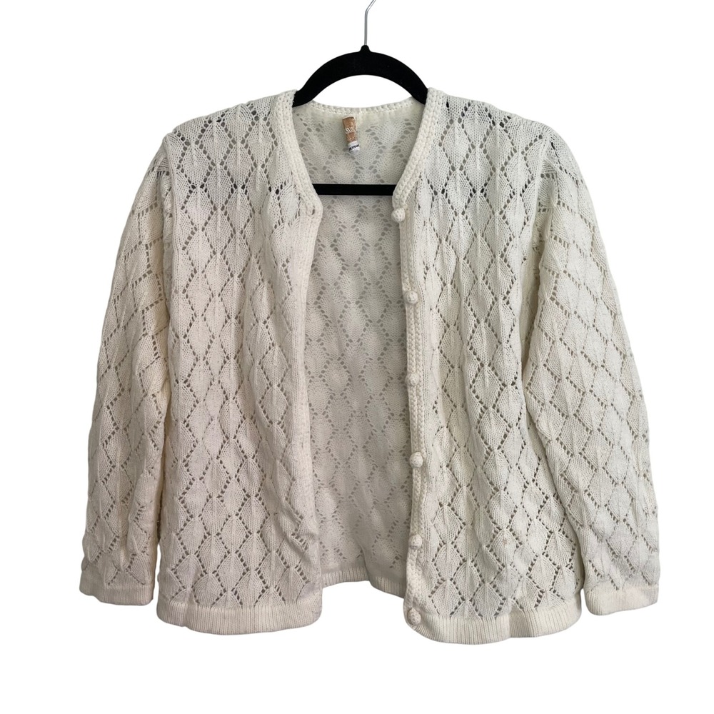 Vintage Younkers Cream Diamond Pointelle Knit Cardigan Sweater Size 38 Japan
